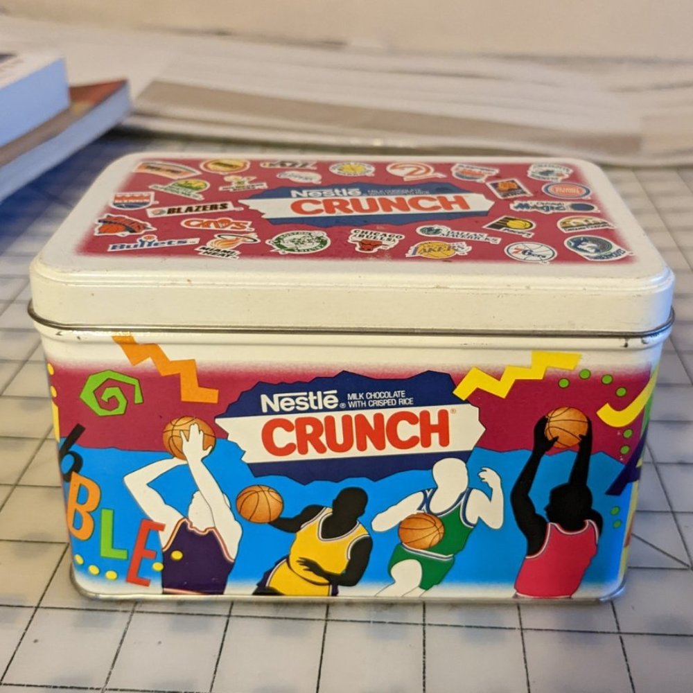 Vintage 1990s NBA Nestlé Crunch Tin Recipe Box Storage Accent Kitchen Tin